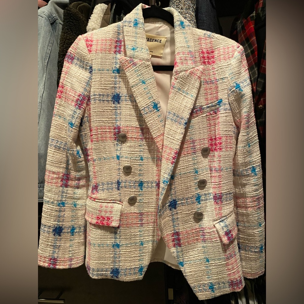 L’Agence Tweed Pink Blue Blazer Work Jacket Designer Sz 2